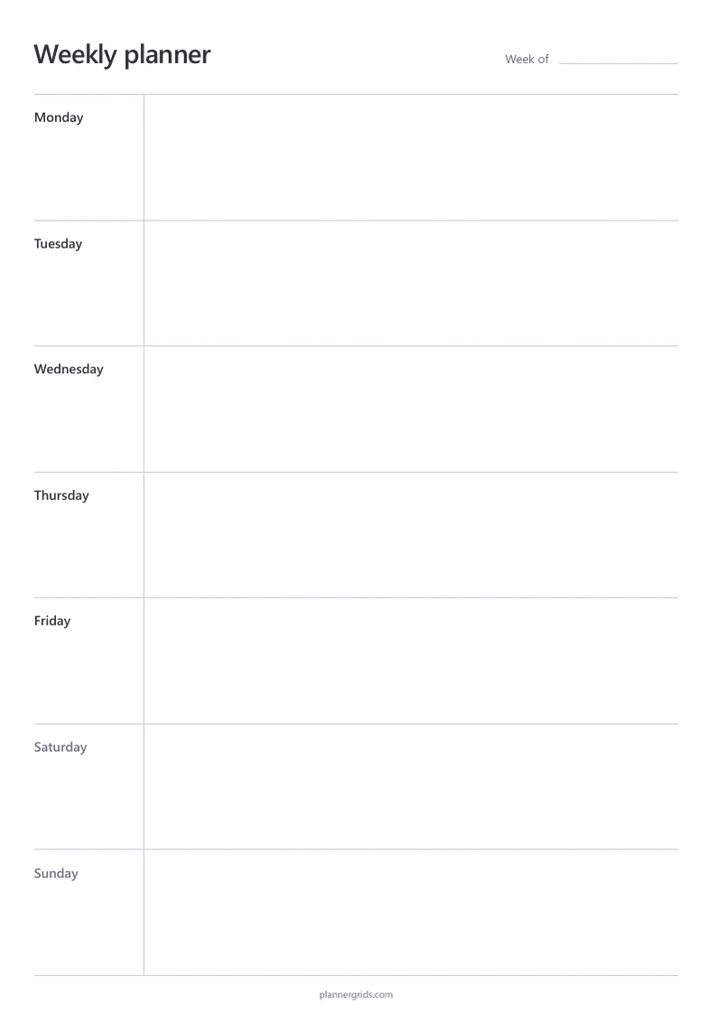 Undated weekly planner with seven Monday-start day rows and space for handwritten plans on one portrait page.