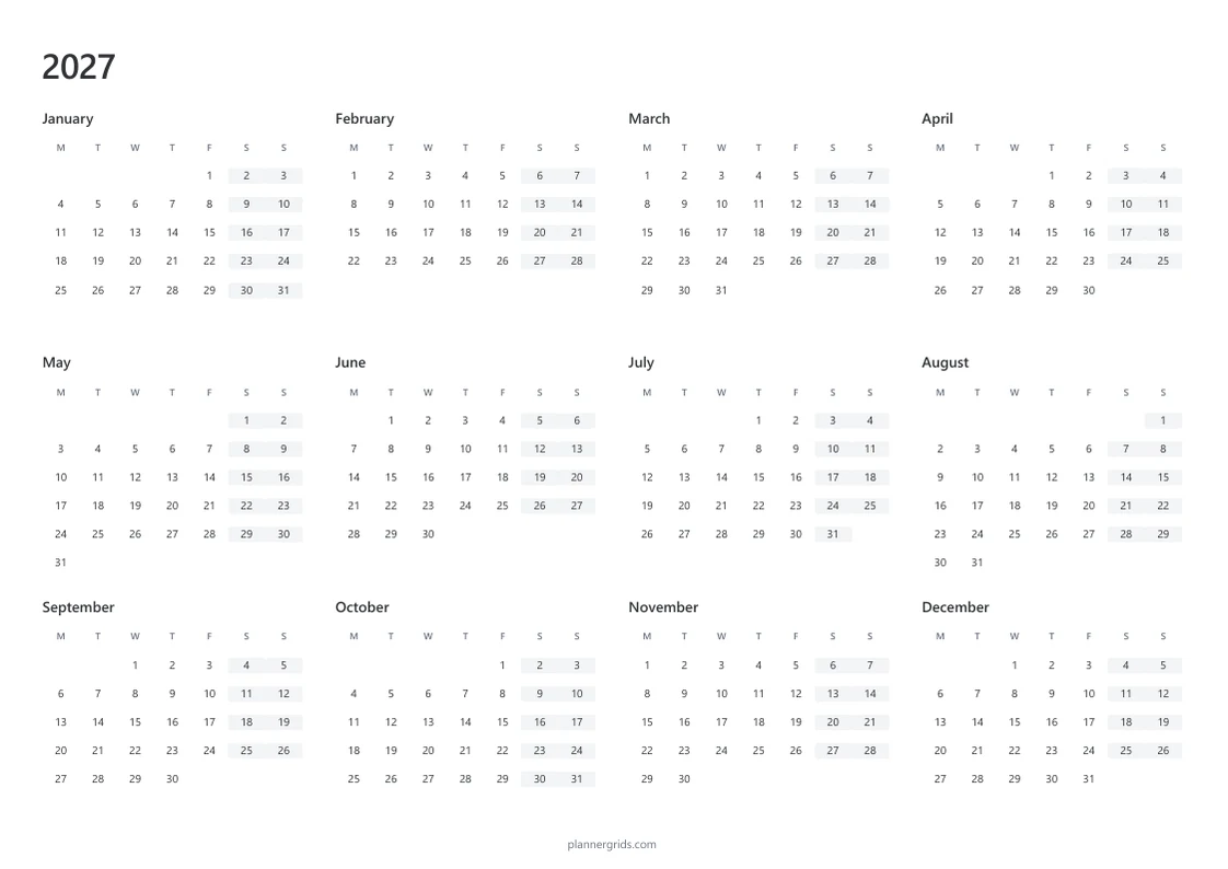2027 year-at-a-glance calendar with all twelve months and Monday-start weeks on one landscape page.